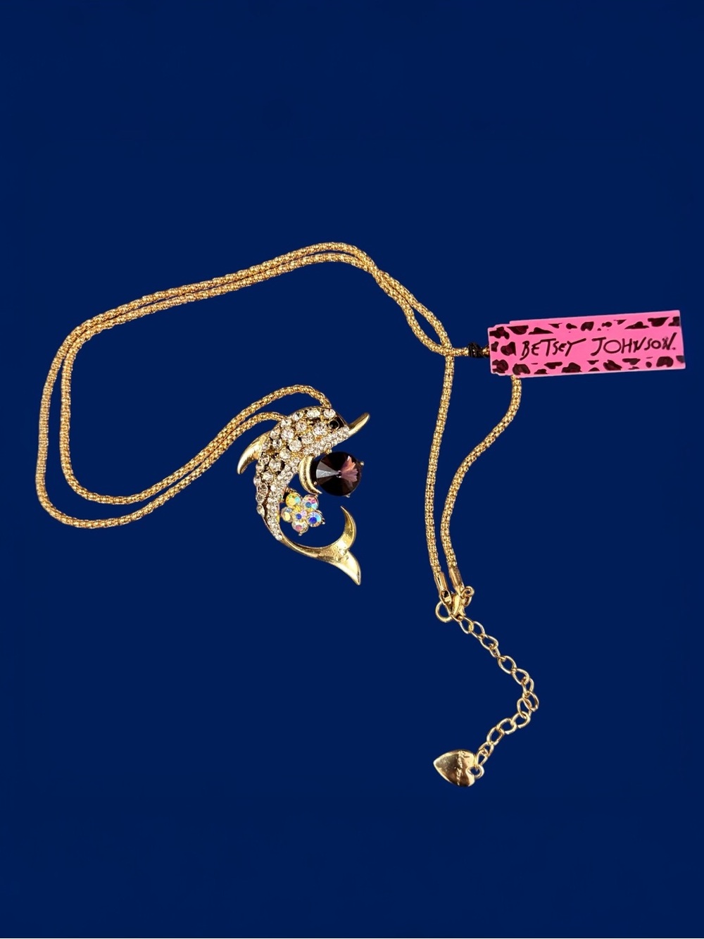 NEW Betsy Johnson Gold Dolphin Crystal Pendant Necklace